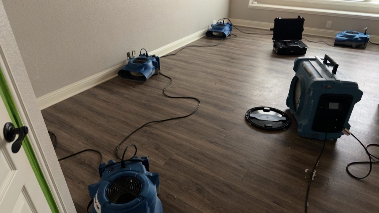 Multiple blue air movers drying luxury vinyl plank flooring after water damage