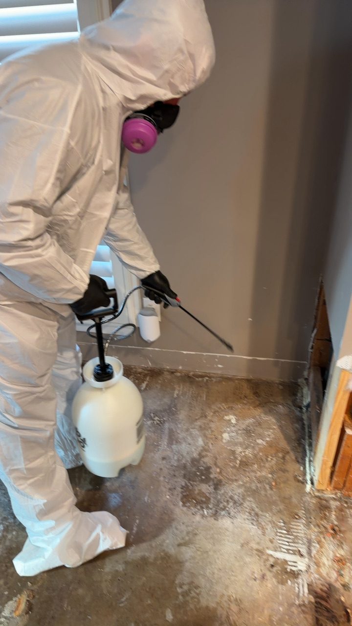 Flood Titan technician in full PPE applying EPA-registered antimicrobial treatment with a handheld pump sprayer to a remediated work area